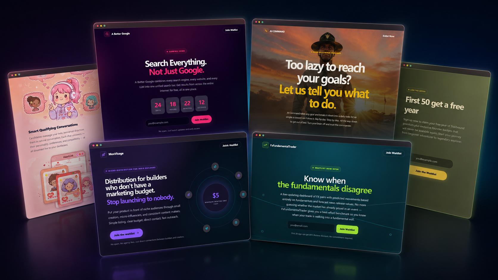 A collection of custom landing pages automatically generated from different startup ideas